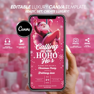 Funny Digital Friendsmas 'Calling All You Ho Ho Hos' Christmas Party Invite, Pink Santa Girls’ Night Evite, Editable Holiday Template
