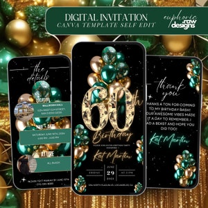 60th Birthday Party Invitation, Green Gold Digital 60th Glam Dinner Invite Template, Diamond Video Editable Brunch Itinerary,