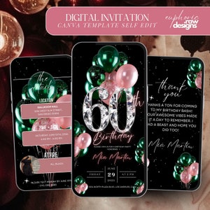60. Geburtstagsfeier-Einladung, Blush Pink Grüne Luftballons Digitale 60. Glam Dinner Laden Vorlage, Diamant Video Bearbeitbarer Brunch Reiseplan