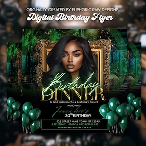 May include: Digital birthday flyer with a portrait of a woman in a gold frame. The flyer has a green and gold color scheme with text that reads "Birthday Dinner" and event details, including the name "Jania Love" and the date.