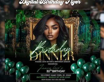 Green Gold Birthday Flyer, Gold Dinner Invitation, Editable Social Media Evite, DIY Photo Birthday Party Template, Text Message Invite