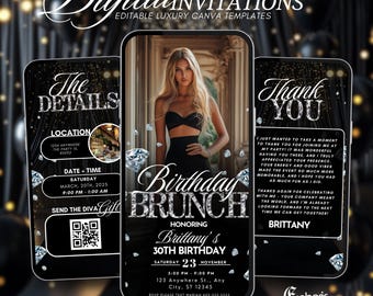 Brunch Birthday Party Video Invitation: Black & Gold DIY Template