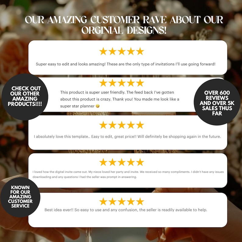 Puede incluir: Imagen que muestra testimonios de clientes con calificaciones de cinco estrellas. El texto destaca la facilidad de uso, los comentarios positivos y el alto volumen de ventas. El dise&ntilde;o enfatiza la satisfacci&oacute;n del cliente y la calidad del producto.