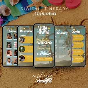 May include: A digital itinerary design with the text "DIGITAL ITINERARY Animated". The design features five smartphones displaying different itinerary pages, including "Crew", "Restaurant", "Aloha Hawaii", "Itinerary", and "Outfits". The background is sand.