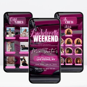 K&ouml;nnte beinhalten: Drei Smartphones, die eine Einladung zu einem Junggesellinnenabschiedswochenende anzeigen. Der Hauptbildschirm zeigt "Bachelorette Weekend" und Details f&uuml;r Mia Thortons Veranstaltung in Las Vegas, NV, vom 19. bis 24. Juni 2023. Andere Bildschirme zeigen Outfit-Ideen und die Brautjungfern.