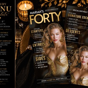 40th Birthday Dinner Menu Template, Black and Gold Magazine Menu, Editable Canva Birthday Menu Card, Elegant Party Decor