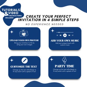 May include: A blue and white graphic with instructions on how to create a perfect invitation in four simple steps. The steps include uploading your own photos, adding your own music, customizing the text, and party time. The graphic includes icons for each step.