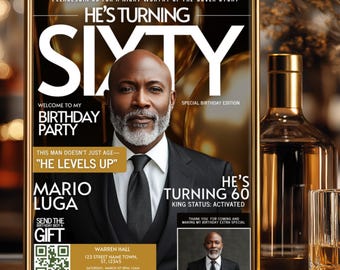 Gold zum 60. Geburtstag, Magazin-Einladung, digitale Männer, moderner Party-Flyer für Jungen, DIY bearbeitbare Goldvorlage, 60. Abendessen für ihn einladen
