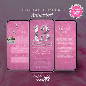 13. Geburtstagseinladung, animierte 13. Party einladen, 13. einladen, Diamant und Blumentext Evite, bearbeitbare Reiseplan Dankeskarte!