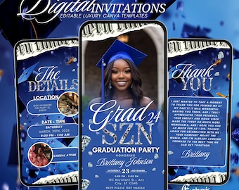 Invito digitale blu per la festa di laurea, elegante biglietto elettronico animato per l'annuncio della stagione di laurea, invito modificabile per la scuola di giurisprudenza della classe del 2025