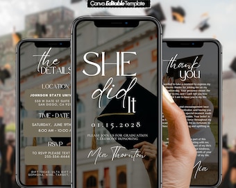 Könnte beinhalten: Drei Smartphones, die eine Abschlussankündigung anzeigen. Das zentrale Telefon zeigt "SHE did it" mit einer Grafik einer Abschlusskappe. Andere Telefone zeigen Veranstaltungsdetails und eine Dankesnachricht. Das Design umfasst elegante Typografie und eine neutrale Farbpalette.