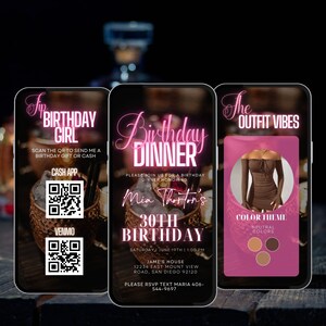 May include: A pink and white digital invitation for a 30th birthday dinner party. The invitation includes a QR code for sending a gift, the date and time of the event, the location, and a dress code suggestion. The text on the invitation reads "Birthday Dinner", "Mia Thorton's 30th Birthday", "Saturday, June 19th | 1:00 PM", "Jame's House", "12234 East Mount View Road, San Diego 92120", "Please RSVP Text Maria 406-544-9697", and "The Outfit Vibes: Color Theme: Neutral Colors".