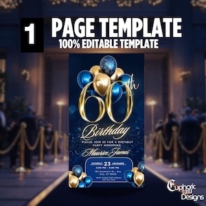 60th Birthday Blue Gold Invitation, 60th Invite Party Animated Elegant Balloons Evite, DIY Editable Party Itinerary Mobile Invite Men Women image 2