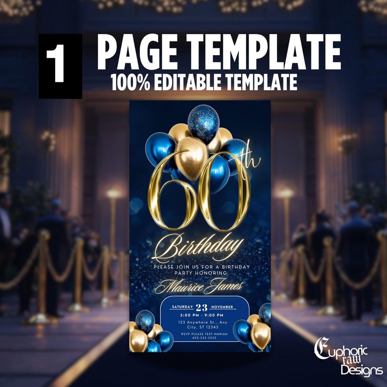60th Birthday Blue Gold Invitation, 60th Invite Party Animated Elegant Balloons Evite, DIY Editable Party Itinerary Mobile Invite Men Women image 2