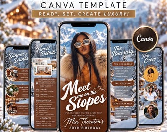 Aspen Ski Trip Birthday Itinerary, Editable Cabin Getaway Website Invitation, Winter Girls Trip Planner, Bachelorette Weekend Canva Template