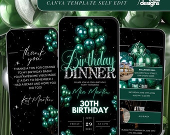 Birthday Dinner Invitation, Elegant Digital Birthday Party Invite, Green Formal Affair, Animated Editable Template