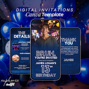 Invitación digital neón para el 13.º cumpleaños, invitación animada de videojuegos, fiesta de pizza, plantilla editable para cumpleaños de adolescente.