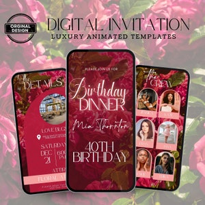 Animated Birthday dinner video invitation, digital birthday party invitation, text invitation dinner party, birthday dinner, canva template