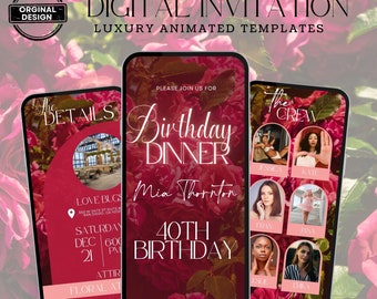 Invitación de video animada para cena de cumpleaños, invitación digital para fiesta de cumpleaños, invitación de texto para cena, cena de cumpleaños, plantilla de Canva