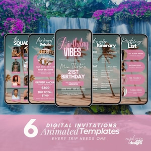 Tropical Birthday Weekend Itinerary Template, Pink Digital, Cocktails, Themed Beach Holiday Invitation, Editable Girls or Mens Trip eVite