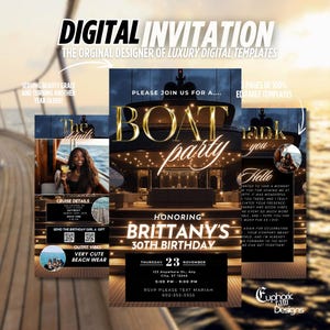 Boat Party Invitation, Animated Yacht Party Evite, Gold Digital Yacht Beach Cruise Birthday Invite, Summer Sailing, DIY Editable Template