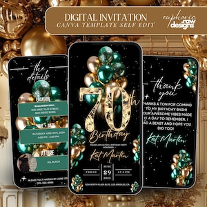 Invitación para fiesta de 70 cumpleaños, globos verdes y dorados, plantilla digital para cena glamurosa de 70 años, itinerario de brunch editable en video de diamantes.