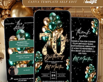 70th Birthday Party Invitation, Green Gold Balloons, Digital 70th Glam Dinner Invite Template, Diamond Video Editable Brunch Itinerary,