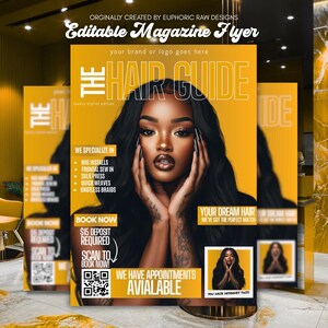 May include: A magazine flyer with a yellow background and the text "THE HAIR GUIDE". The flyer features a woman with long black hair. Text on the flyer includes "Wig installs", "Frontal sew in", and "Quick weaves".