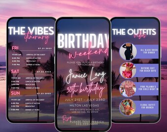 Digital Travel itinerary, itinerary template,  travel itineray, Birthday Weekend Invitation, Weekend Itinerary, Digital Schedule, Girls Trip