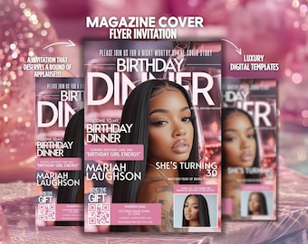 Dinner Magazine Birthday Invitation, Editable Digital Evite Template, Floral Birthday Party Invite, DIY Social Media Flyer, Dinner Template