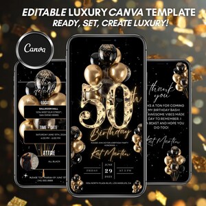 Può includere: Modello digitale di invito di compleanno nero e oro su schermo di smartphone. Il design presenta palloncini dorati, il numero 50 e i dettagli dell'evento. Il testo recita "Modello Canva di lusso modificabile."