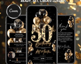 50th Birthday Party Invitation, Gold Black Digital 50th Glam Dinner Invite Template, Diamond Video Editable Brunch Itinerary