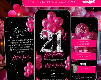 Uitnodiging voor 21e verjaardagsfeestje, felroze digitale 21e glamourdiner uitnodigingssjabloon, bewerkbare diamantvideo brunchroute