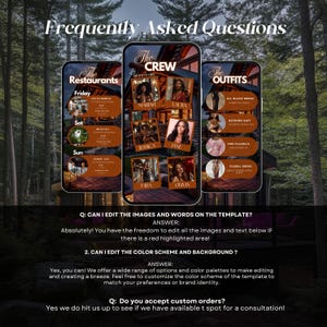 Pode incluir: Um gr&aacute;fico de perguntas frequentes com tr&ecirc;s telas de telefone mostrando diferentes op&ccedil;&otilde;es para uma escapada para uma cabana. As telas s&atilde;o rotuladas como "The Restaurants", "The Crew" e "The Outfits".
