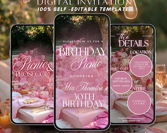 Animated Birthday Picnic Prosecco Invitation Template, Digital Brunch Beach Park Picnic Party Evite, Summer Tea-Party Editable Text Invite