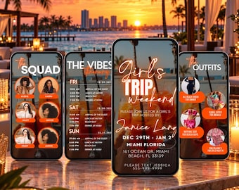 May include: Four smartphones display a digital itinerary for a girl's trip weekend in Miami, Florida. The screens feature text, photos of people, and orange circular accents against a sunset beach background with palm trees and city skyline.