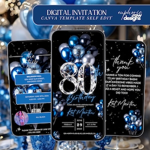 80th Birthday Party Invitation, Silver Blue Balloons Digital 80th Glam Dinner Invite Template, Diamond Video Editable Brunch Itinerary,