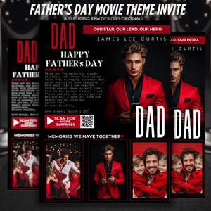 Regalo editable rojo para el Día del Padre, póster "Amor de Padre", marco "El Mejor Papá del Mundo", póster de película "Regalos para Papá", plantilla de Canva para papá