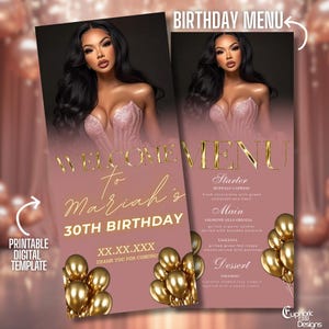 Customizable Digital Birthday Menu, Rose Gold Menu Canva Template, Dinner Table Decor, Editable Event Menu for Birthday Celebrations
