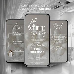 Invito per festa tutto bianco, invito per cena di compleanno, itinerario per festa di compleanno tutto bianco, modello per festa estiva bianca, invito modificabile Canva Evite