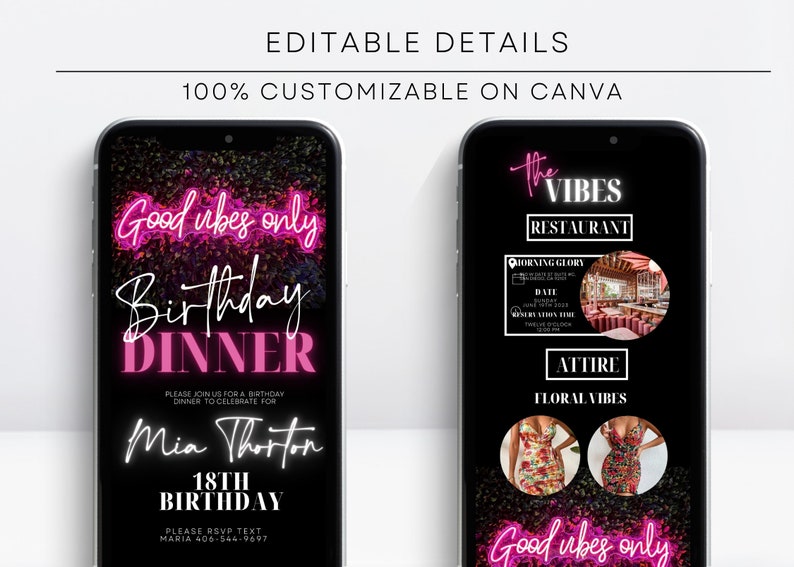 K&ouml;nnte beinhalten: Eine digitale Einladung zu einem Geburtstagsessen im Restaurant The Vibes. Die Einladung hat einen schwarzen Hintergrund mit pinkfarbenem Neontext, der "Good vibes only Birthday Dinner" lautet. Die Einladung enth&auml;lt auch den Namen Mia Thorton, das Datum der Veranstaltung und die RSVP-Informationen.
