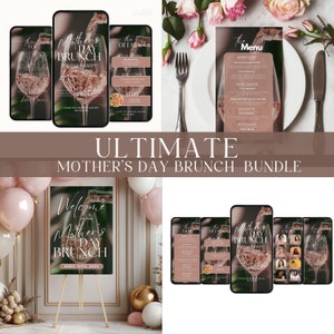 Muttertags-Brunch-Paket, Einladung zum Veranstaltungsplan, Menü, Willkommensschild-Vorlagen. Digitale animierte Boho-Einladung zur Feier des Muttertags