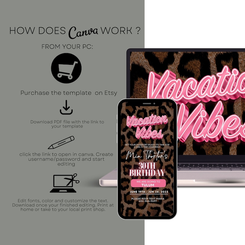 K&ouml;nnte beinhalten: Eine digitale Einladungsvorlage auf einem Smartphone- und Laptop-Bildschirm mit den Worten "Vacation Vibes" in pinkfarbenem Neon vor einem Leopardenmuster-Hintergrund. Die Einladung ist f&uuml;r einen 30. Geburtstag in Tulum.