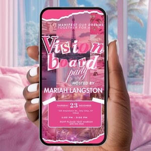 Invitación a fiesta de tablero de visión de Año Nuevo 2025, reunión de manifestación, noche de chicas con tablero de sueños, plantilla de invitación para celebrar Año Nuevo