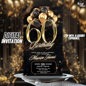 Convite de 60º aniversário em ouro preto, convite para festa de 60º aniversário com balões animados elegantes, convite para celular para homens e mulheres, itinerário de festa editável faça você mesmo