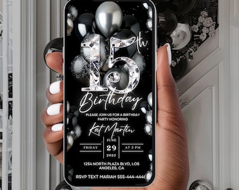 Invitación de 15.º cumpleaños, diamantes negros y plateados, plantilla digital editable para cena y brunch glamuroso de 15.º cumpleaños, invitación de video de cumpleaños