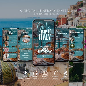 Digital Italy Girl&#39;s Trip Itinerary Invitation, Animated Travel Itinerary, Italy Planner Schedule Trip Evite, Editable Wine Planner Template