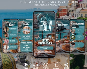 Puede incluir: Una plantilla de invitación de itinerario digital para un viaje de chicas a Italia. La plantilla incluye una lista de empaque, detalles del viaje, un itinerario diario y una lista de restaurantes. La plantilla es personalizable y se puede editar en Canva. El texto en la plantilla dice "Girls Trip to Italy", "Mia Thorton's 21st Birthday", "We are going to Italy", "June 19th - June 24, 2023", "Please RSVP Text Maria 406-544-9697".