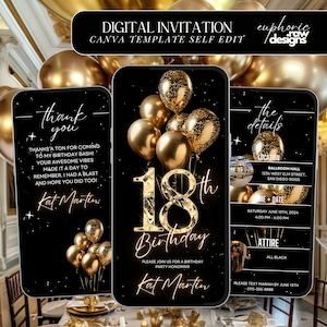Faire-part de fête d'anniversaire 18e, modèle d'invitation de dîner glamour numérique or 18e, 18e invitation diamant vidéo itinéraire de brunch modifiable