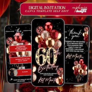 60th Birthday Party Invitation, Red Balloons Digital 60th Glam Dinner Invite Template, Diamond Video Editable Brunch Itinerary